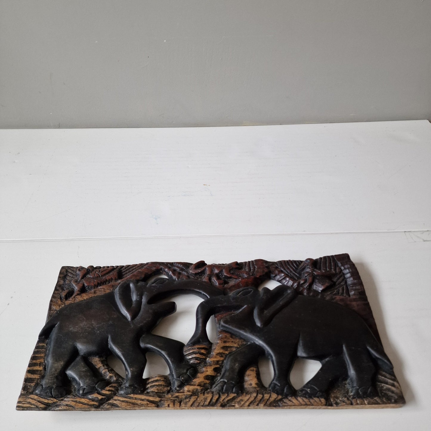 African Hand Carved Elephant Wood Panel, Vintage Wall Art (50x25x2 cm)