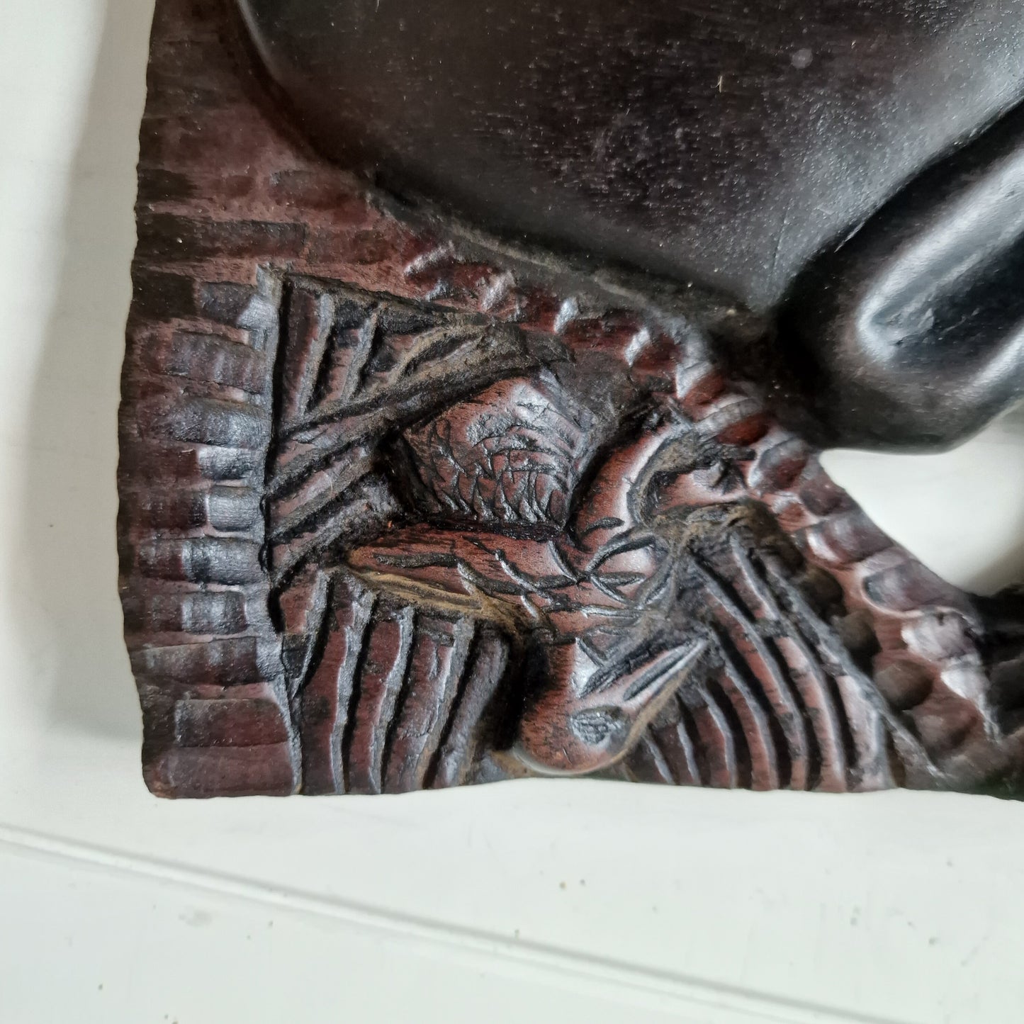 African Hand Carved Elephant Wood Panel, Vintage Wall Art (50x25x2 cm)