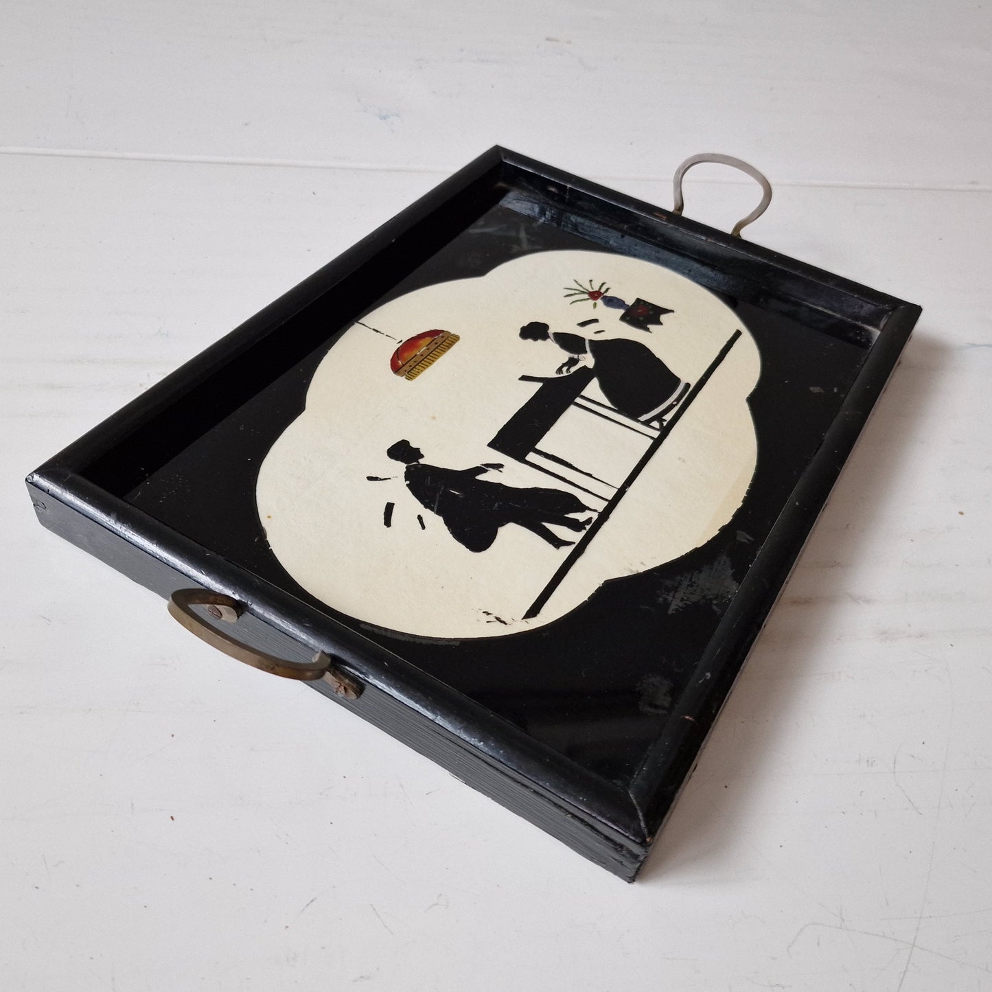 Antique French Silhouette Liquor Tray, Pianist Scene