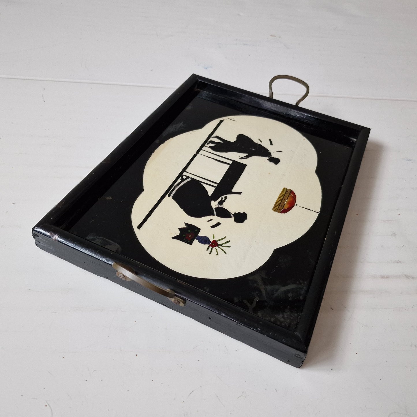 Antique French Silhouette Liquor Tray, Pianist Scene