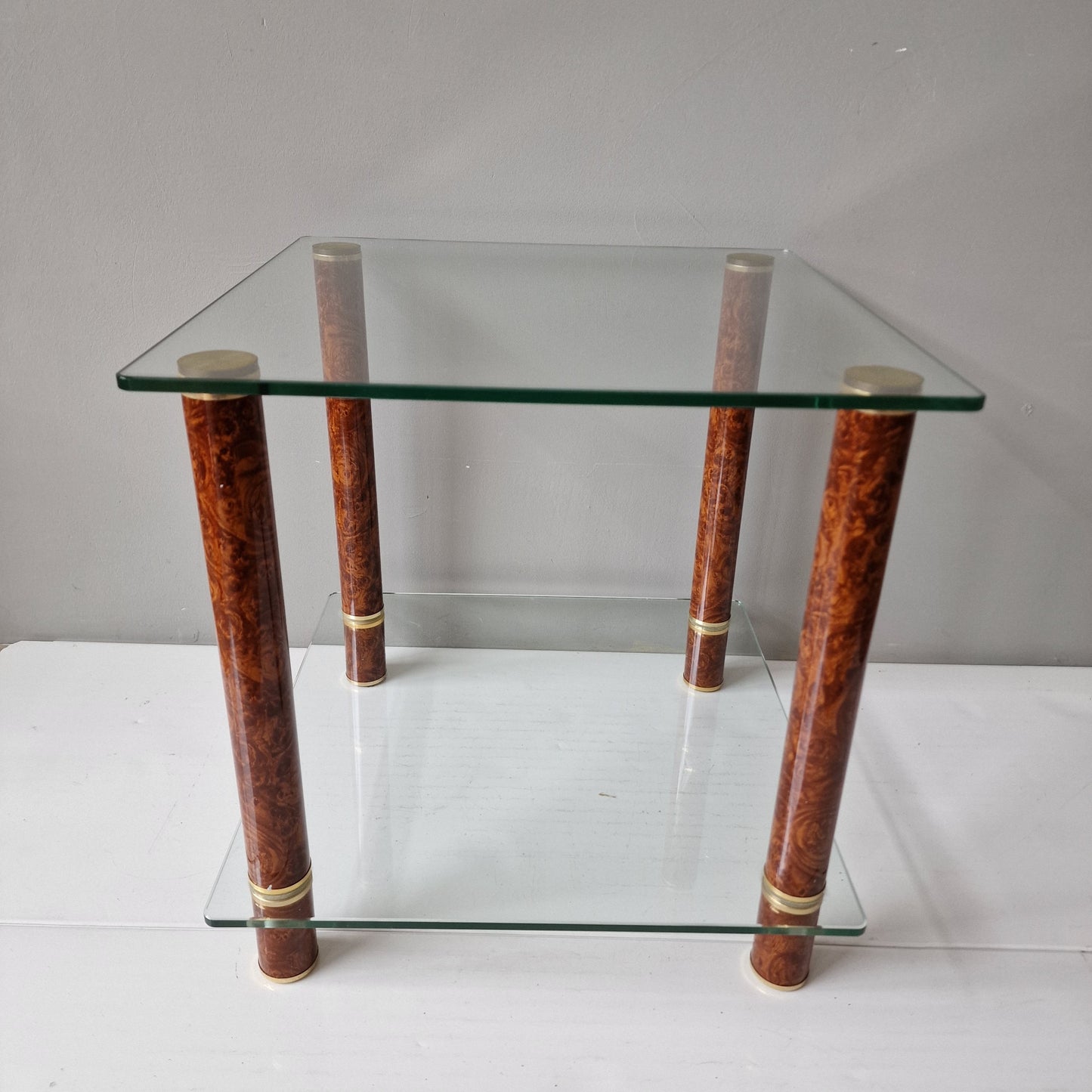 Italian Hollywood Regency Brass Side Table, Faux Tortoiseshell, Glass Top
