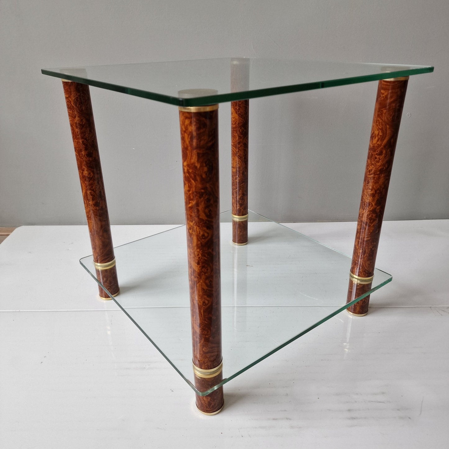 Italian Hollywood Regency Brass Side Table, Faux Tortoiseshell, Glass Top