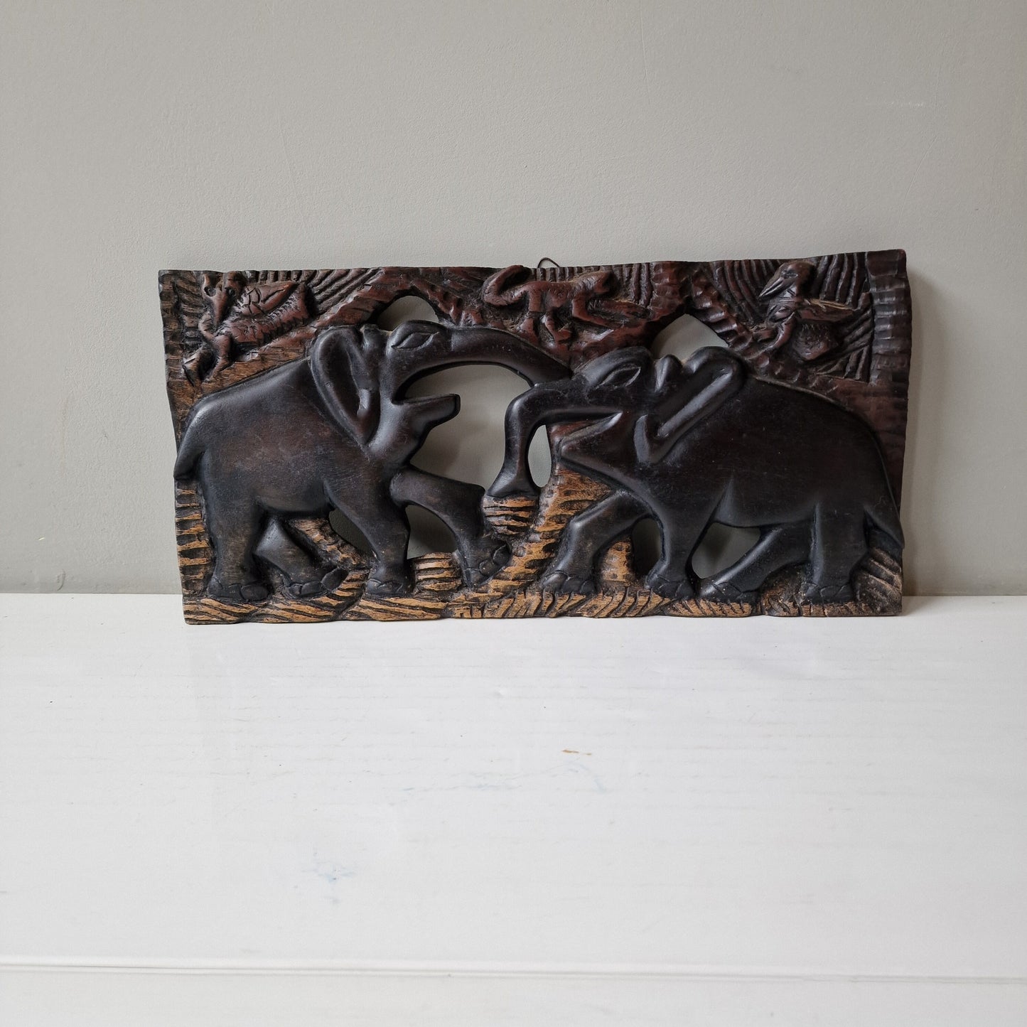 African Hand Carved Elephant Wood Panel, Vintage Wall Art (50x25x2 cm)