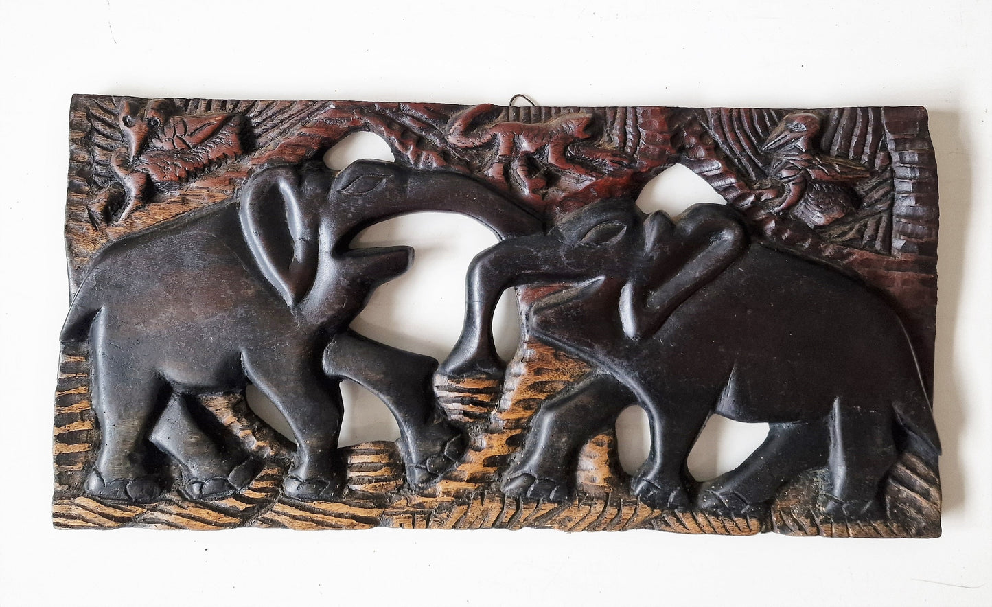 African Hand Carved Elephant Wood Panel, Vintage Wall Art (50x25x2 cm)