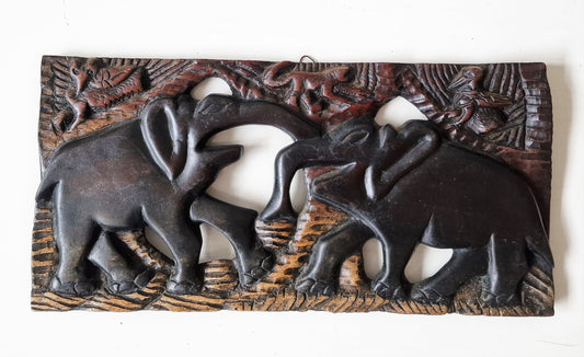 African Hand Carved Elephant Wood Panel, Vintage Wall Art (50x25x2 cm)
