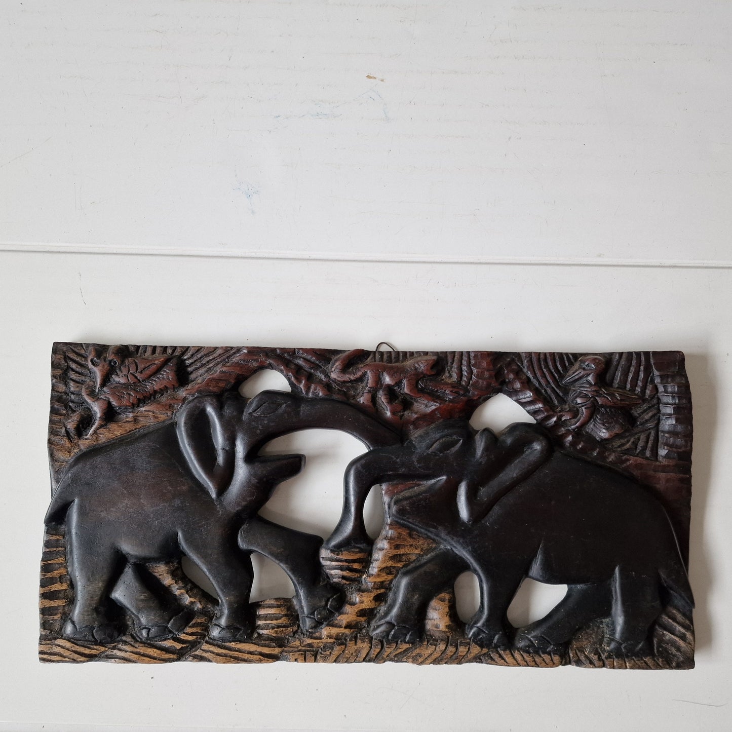 African Hand Carved Elephant Wood Panel, Vintage Wall Art (50x25x2 cm)