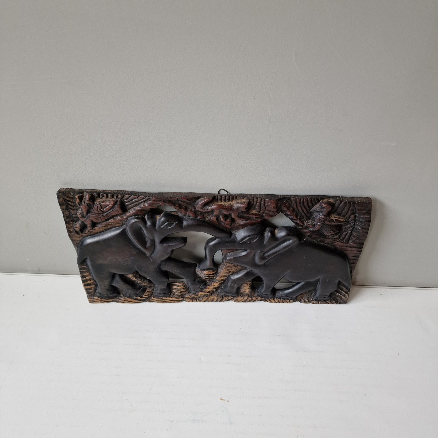 African Hand Carved Elephant Wood Panel, Vintage Wall Art (50x25x2 cm)