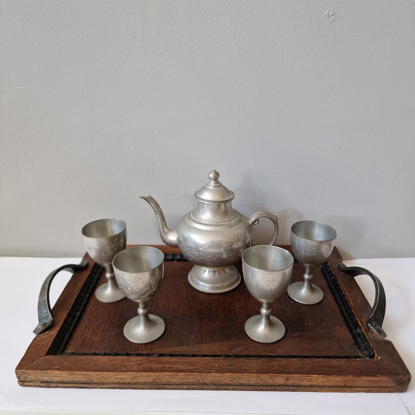 Engraved Pewter Japanese Sake Set with Wood Tray