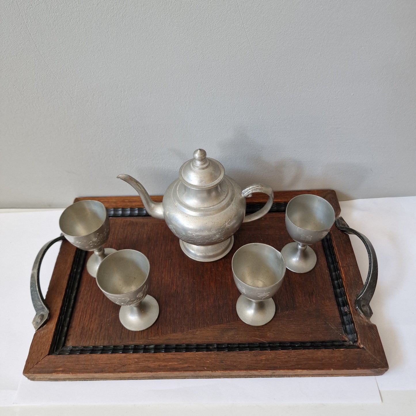 Engraved Pewter Japanese Sake Set with Wood Tray