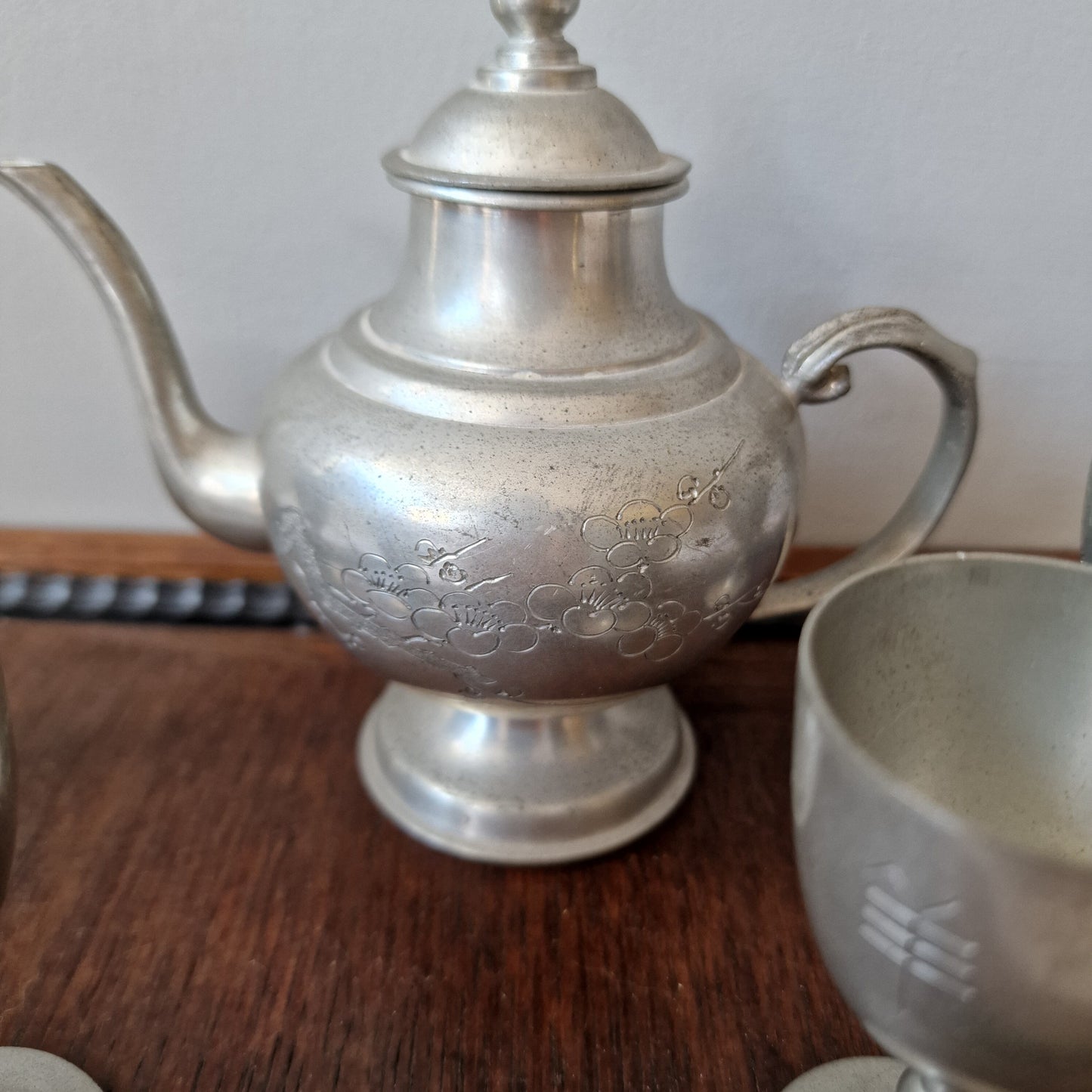 Engraved Pewter Japanese Sake Set with Wood Tray