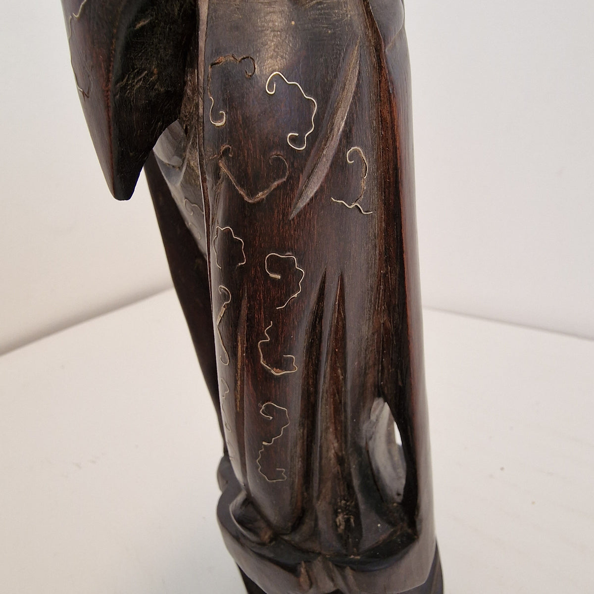 Antique Rosewood Wise Man Figure – Chinese Niello Inlay, Early 20th Century
