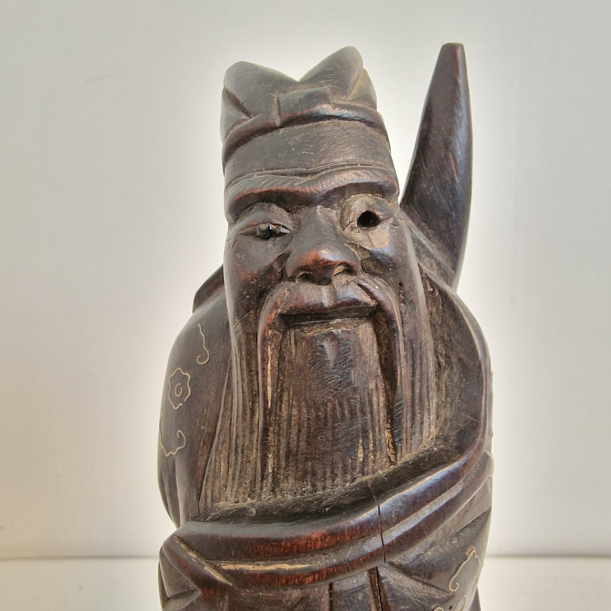 Antique Rosewood Wise Man Figure – Chinese Niello Inlay, Early 20th Century
