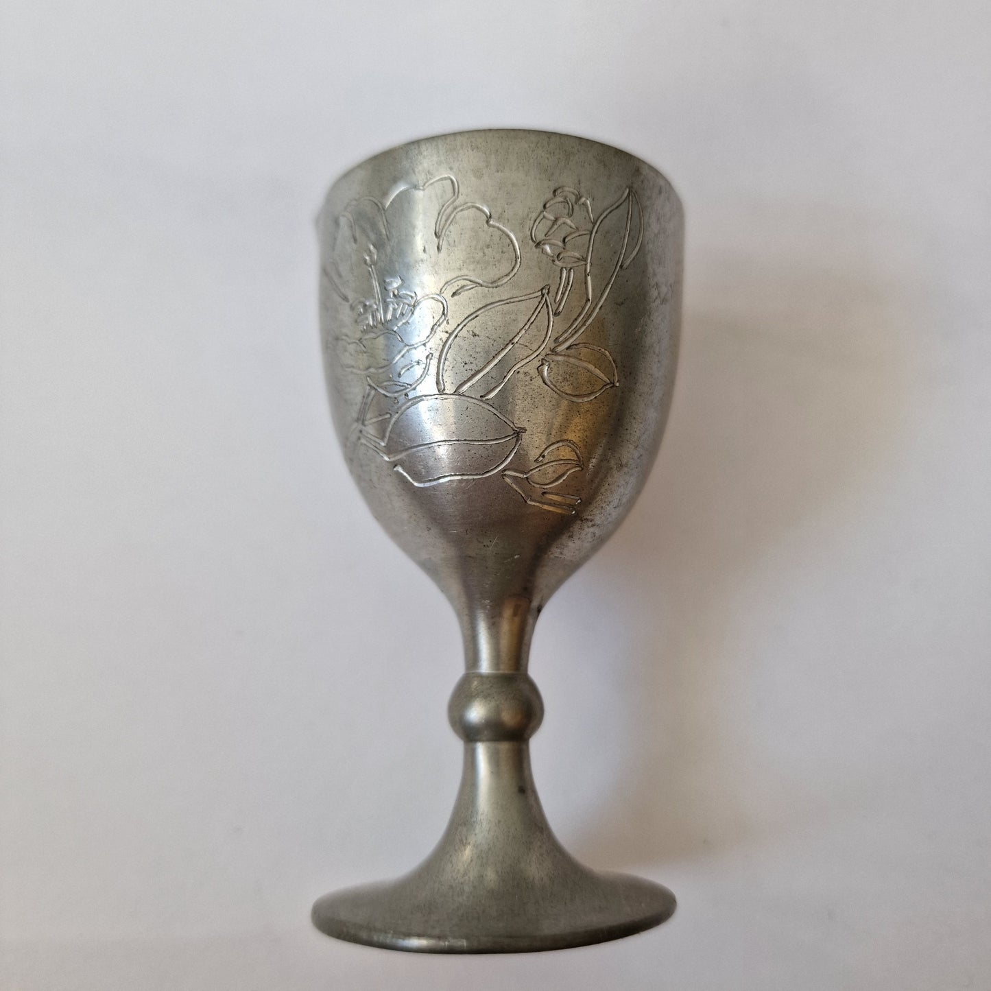Engraved Pewter Japanese Sake Set with Wood Tray