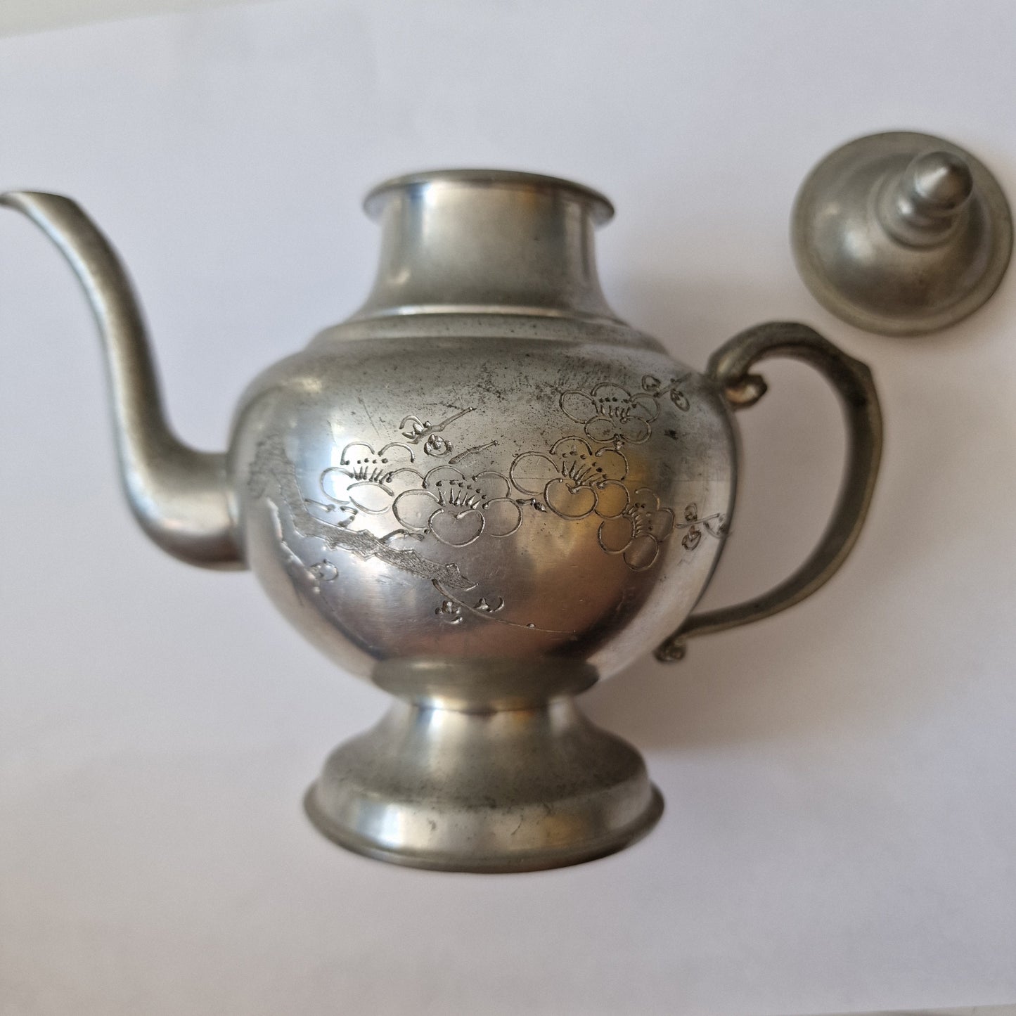 Engraved Pewter Japanese Sake Set with Wood Tray