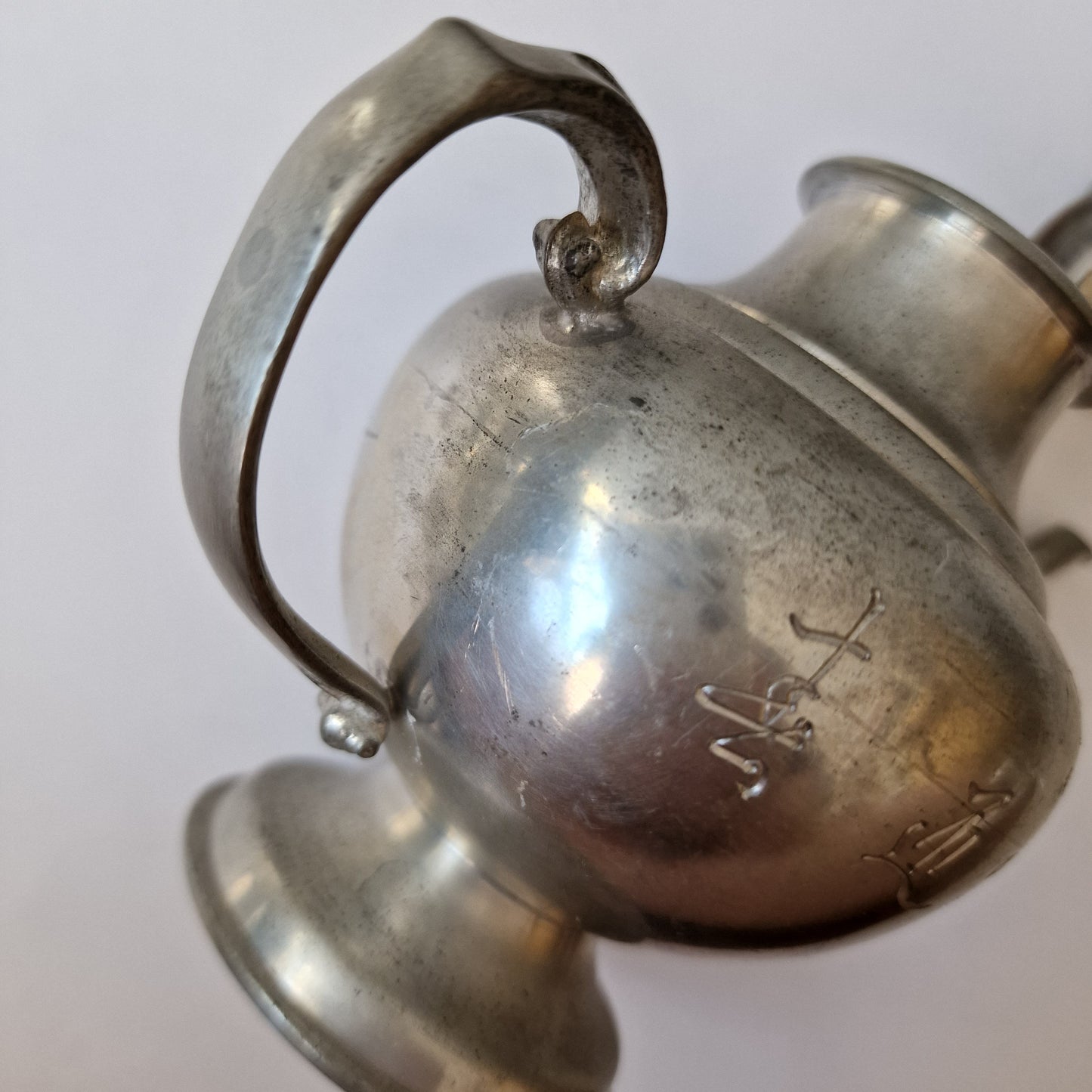 Engraved Pewter Japanese Sake Set with Wood Tray
