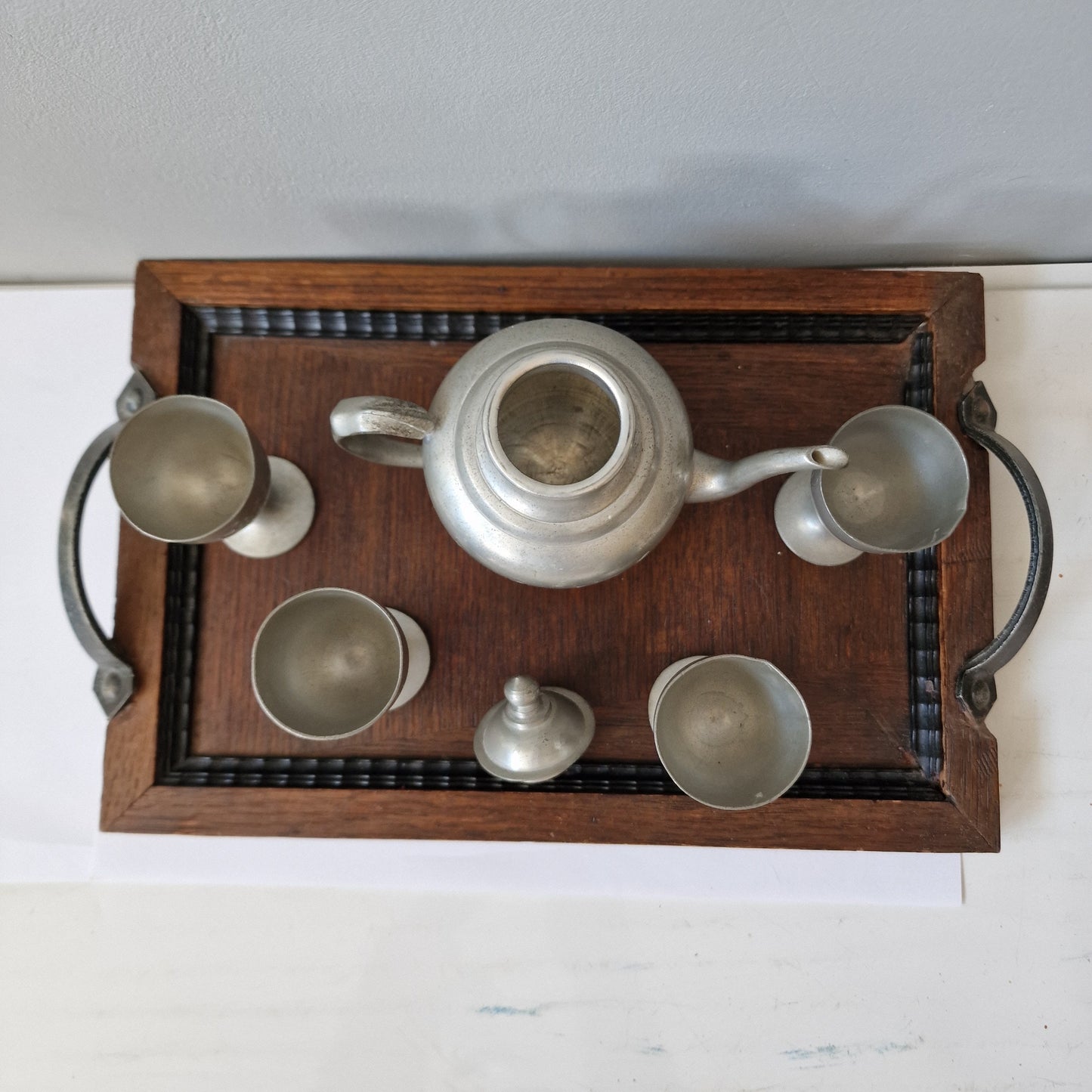 Engraved Pewter Japanese Sake Set with Wood Tray