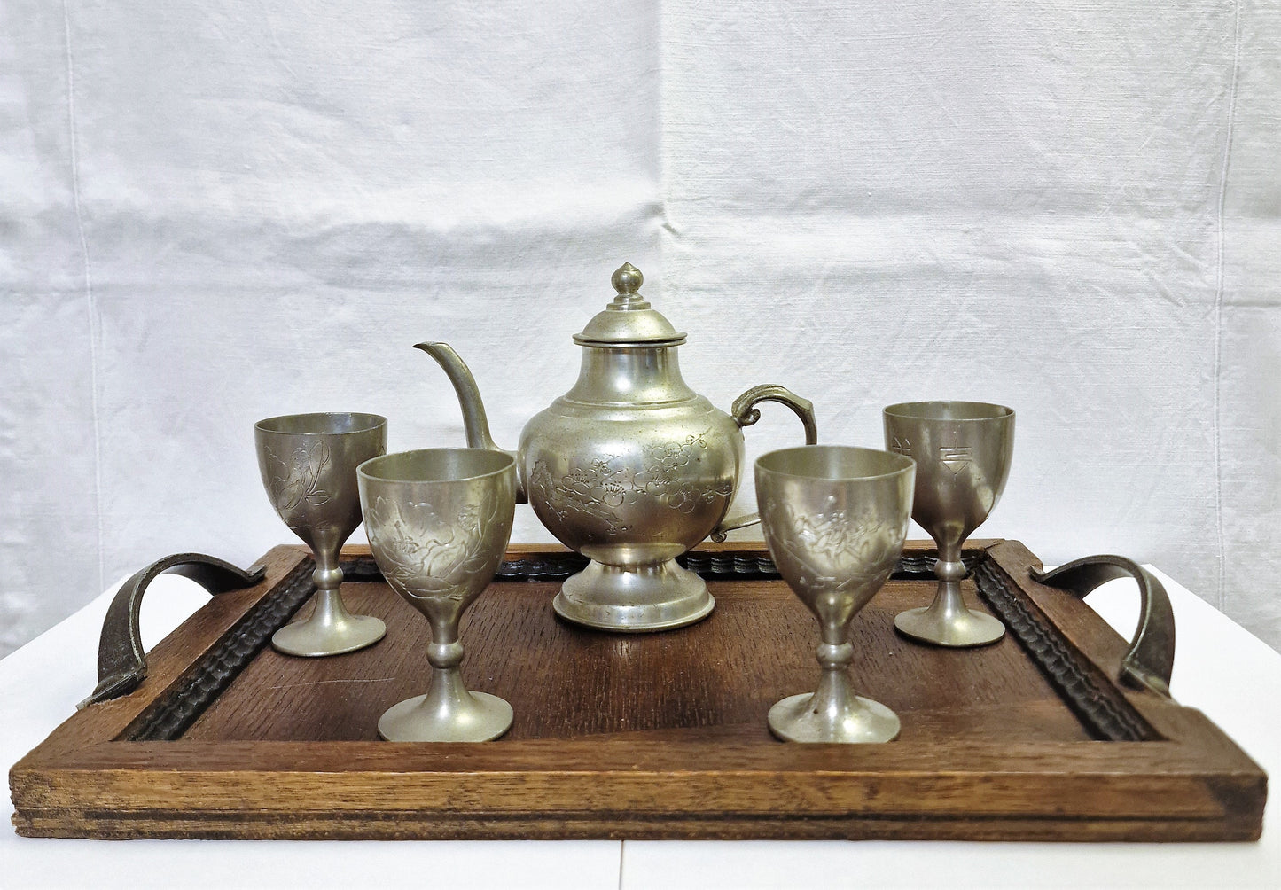 Engraved Pewter Japanese Sake Set with Wood Tray