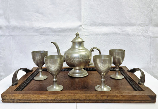 Engraved Pewter Japanese Sake Set with Wood Tray