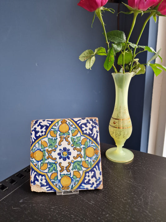 Antique Dutch Tile – 17th Century Pompadour Ornament, Polychrome Majolica