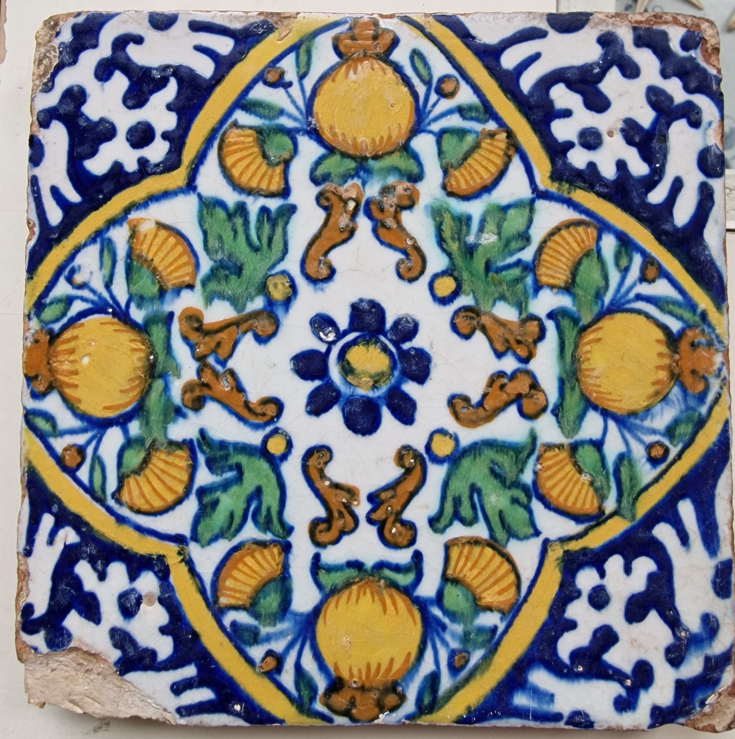 Antique Dutch Tile – 17th Century Pompadour Ornament, Polychrome Majolica