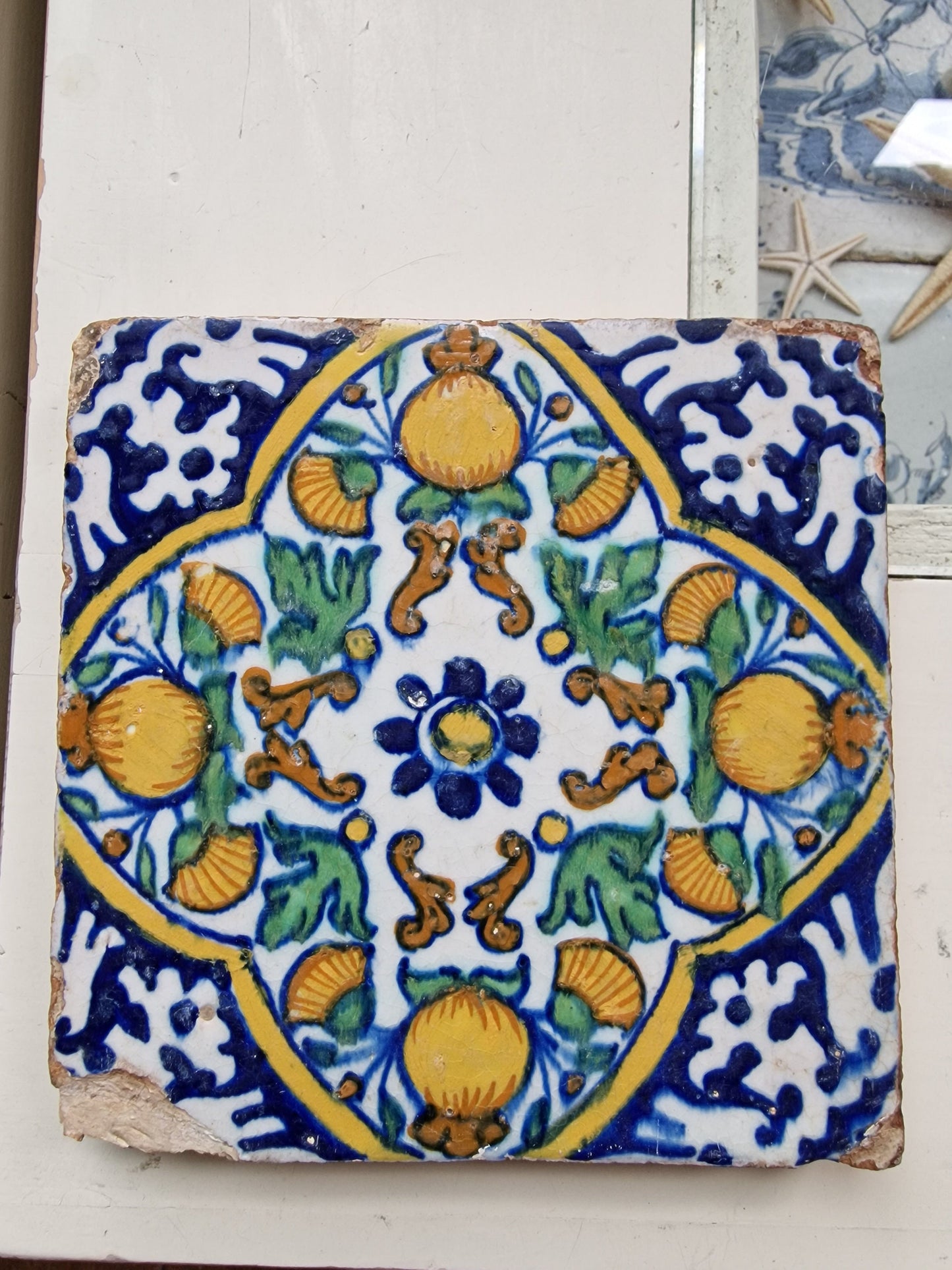 Antique Dutch Tile – 17th Century Pompadour Ornament, Polychrome Majolica