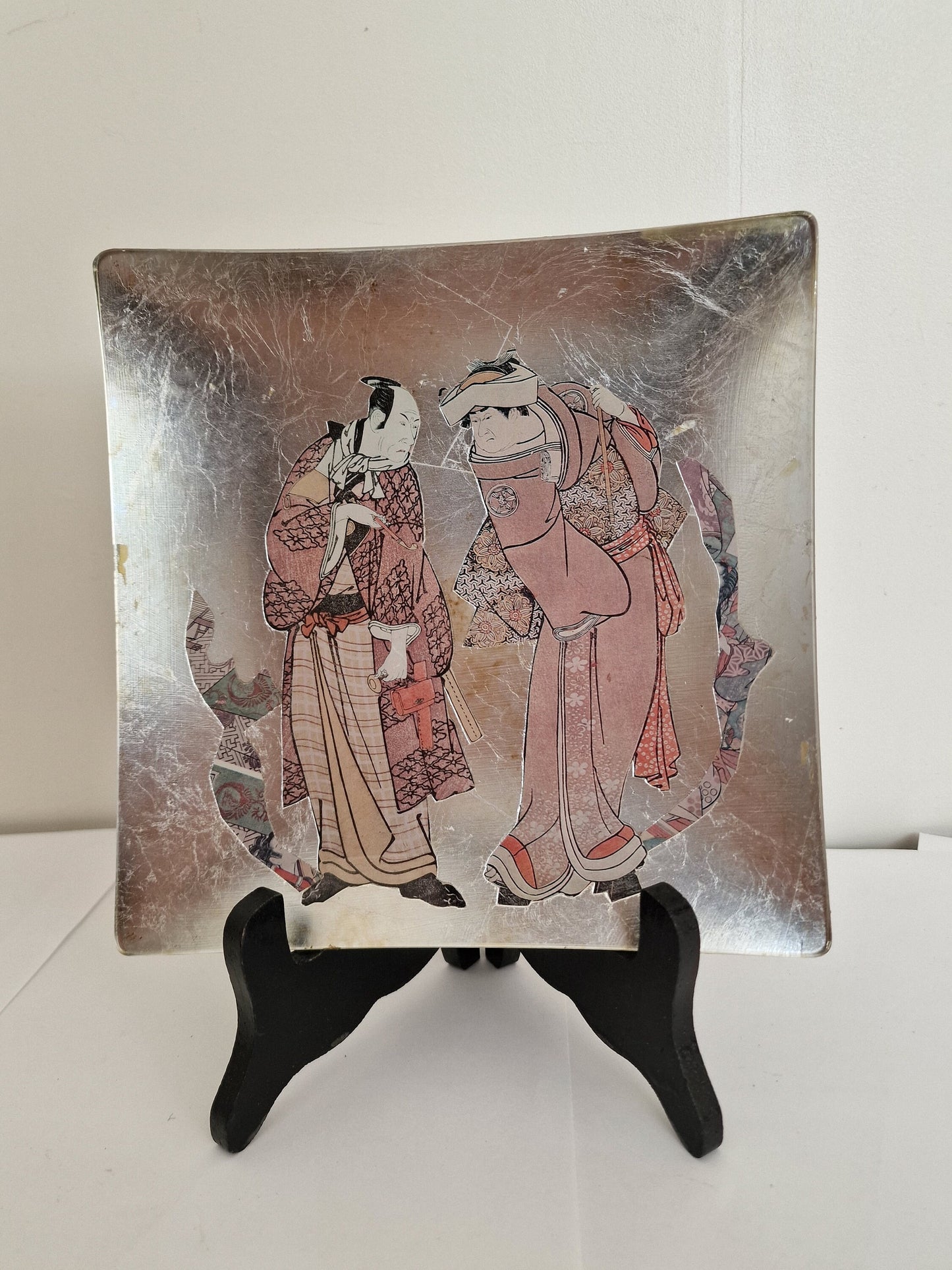 Vintage Carole Stupell Asian Glass Plate, Signed Display Art (20x20)