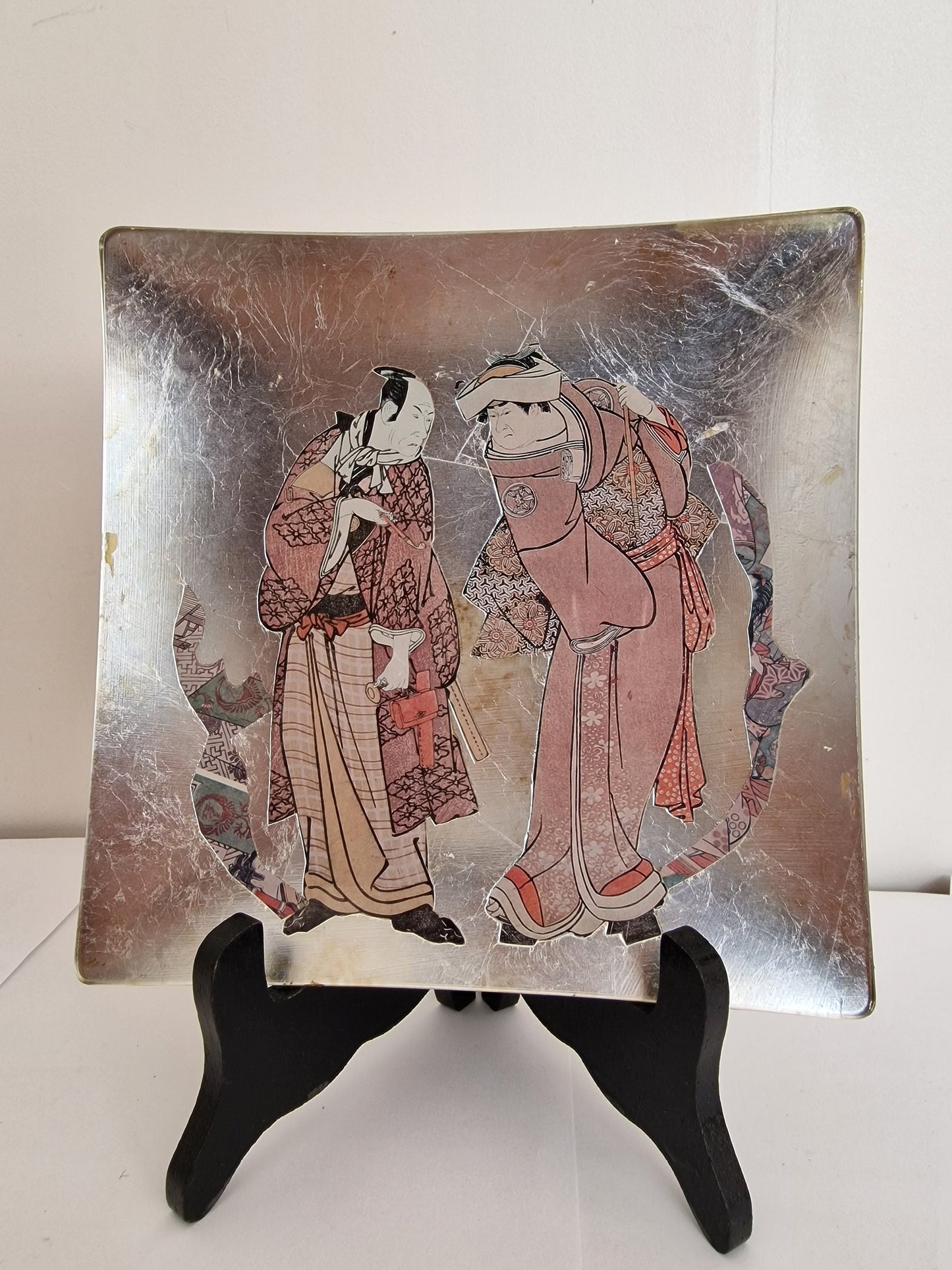Vintage Carole Stupell Asian Glass Plate, Signed Display Art (20x20)