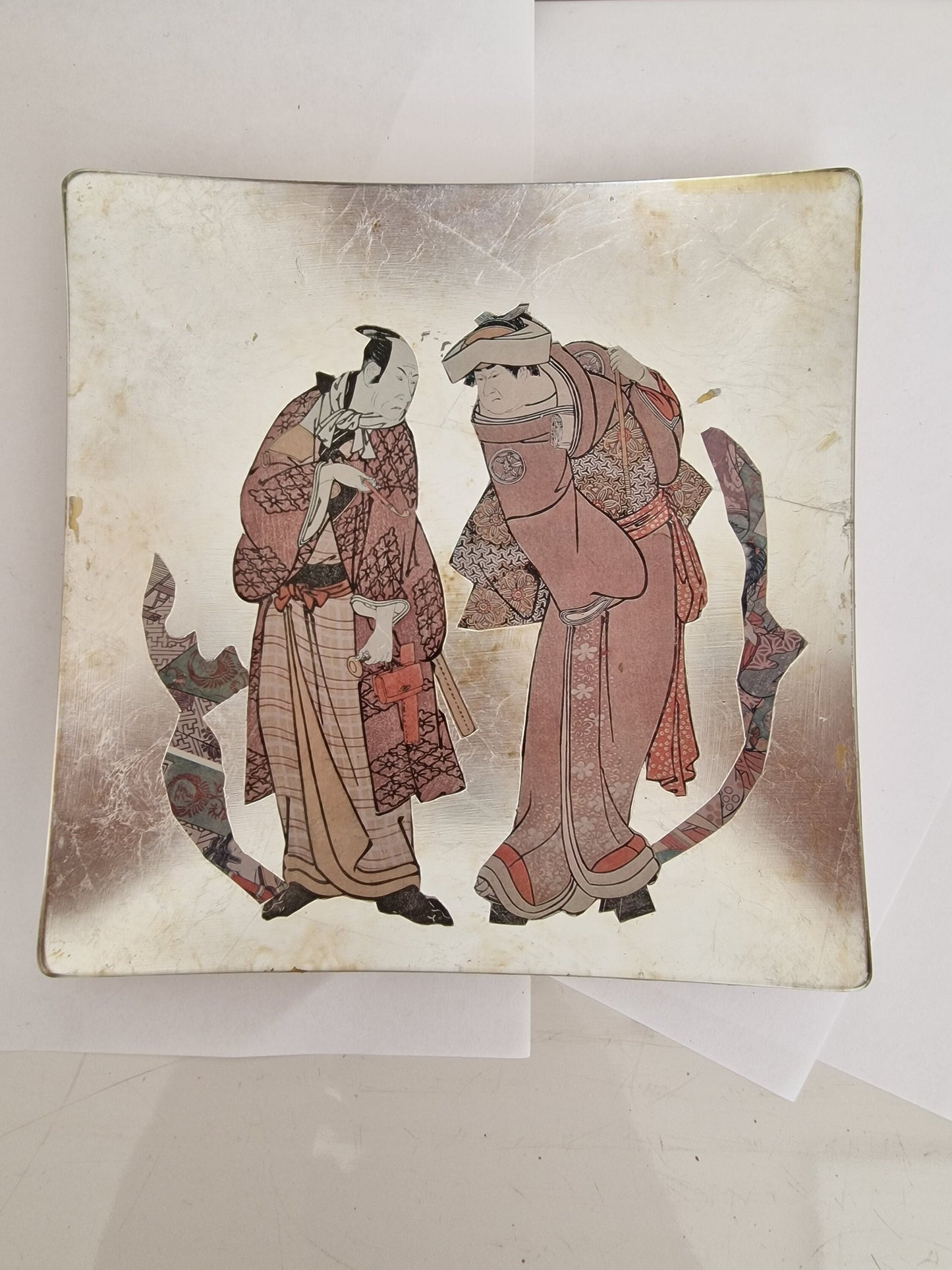 Vintage Carole Stupell Asian Glass Plate, Signed Display Art (20x20)