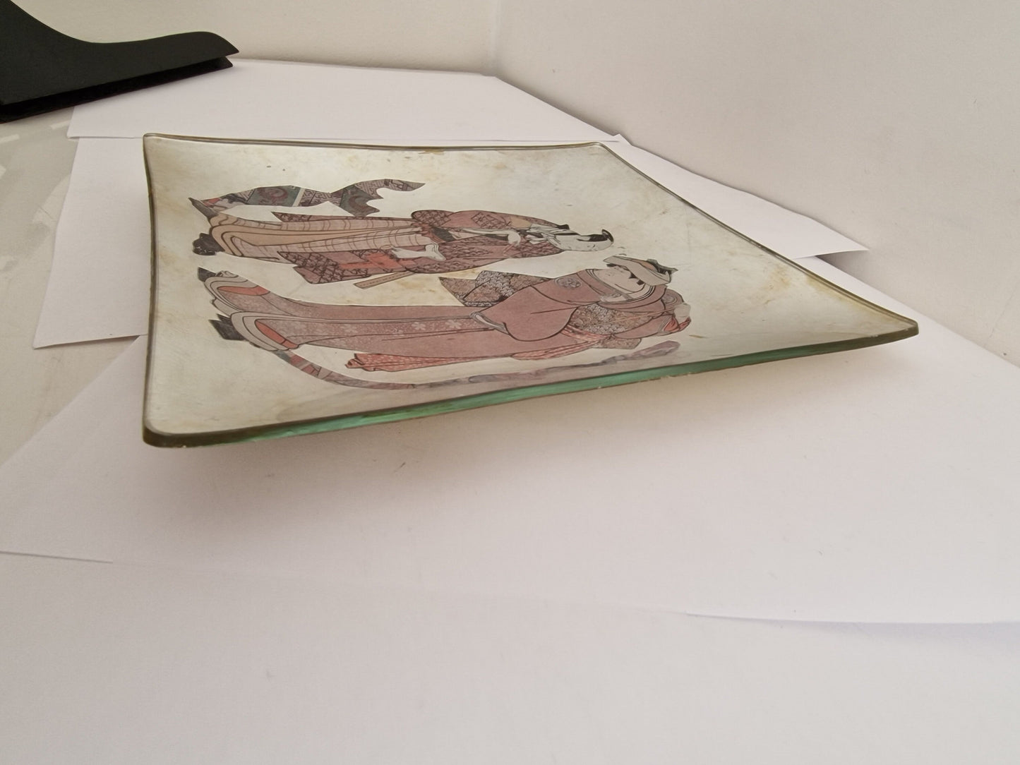 Vintage Carole Stupell Asian Glass Plate, Signed Display Art (20x20)
