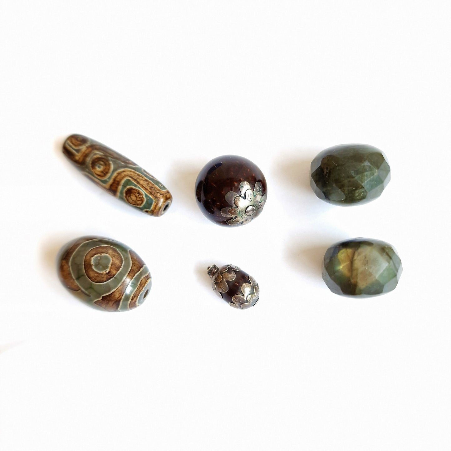 Antique Dzi Agate Beads: 9 Eye, 3 Eye, Labradorite, Silver Accents (6 beads)