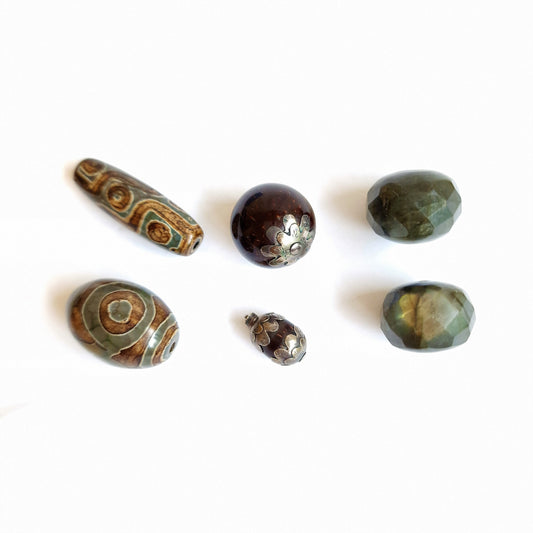 Antique Dzi Agate Beads: 9 Eye, 3 Eye, Labradorite, Silver Accents (6 beads)