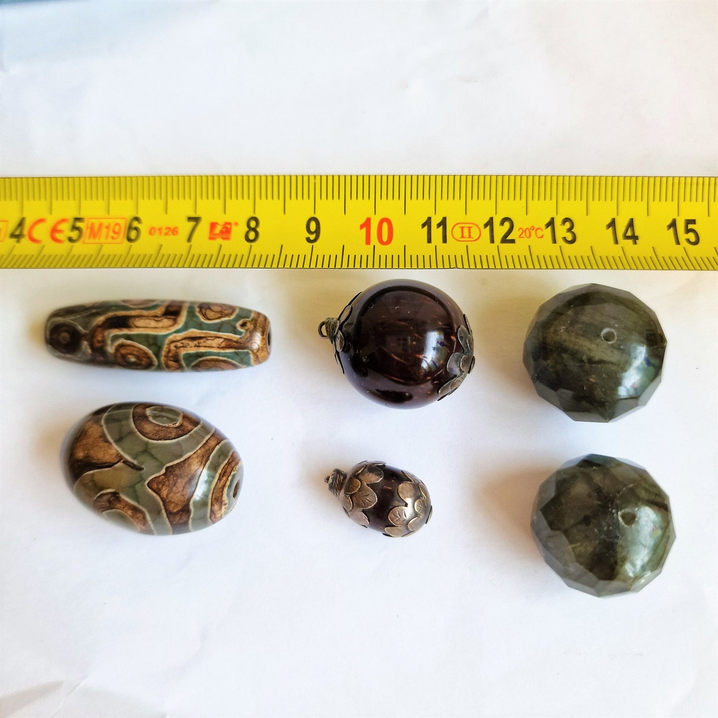 Antique Dzi Agate Beads: 9 Eye, 3 Eye, Labradorite, Silver Accents (6 beads)