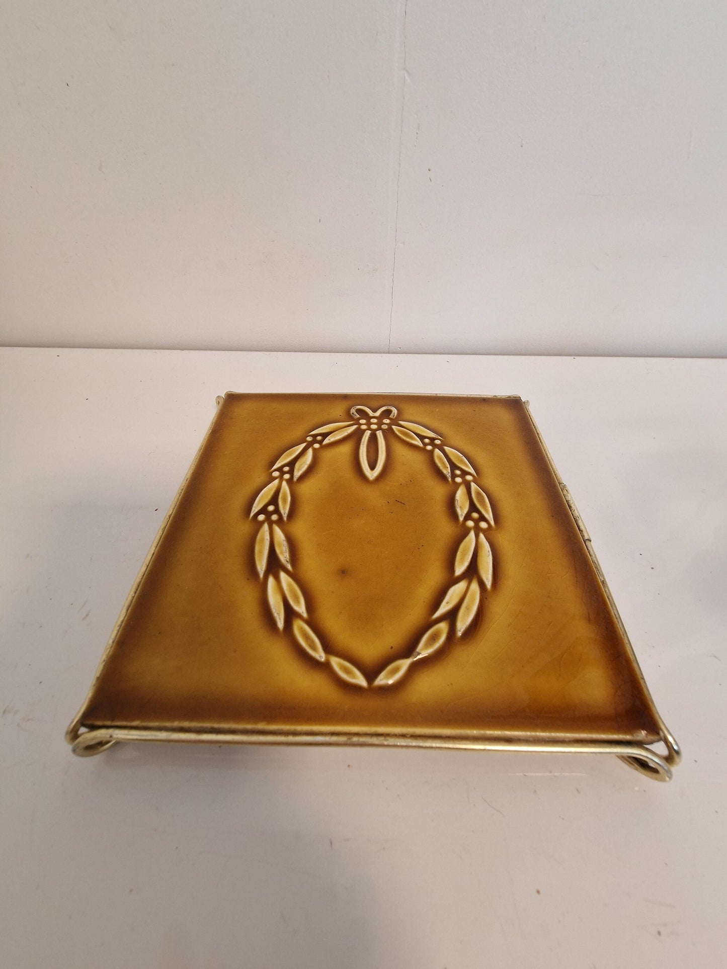 Art Nouveau Ceramic Tile Coaster, Brass Frame, UK Arts Crafts