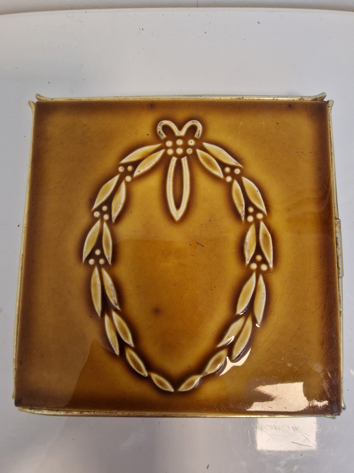 Art Nouveau Ceramic Tile Coaster, Brass Frame, UK Arts Crafts