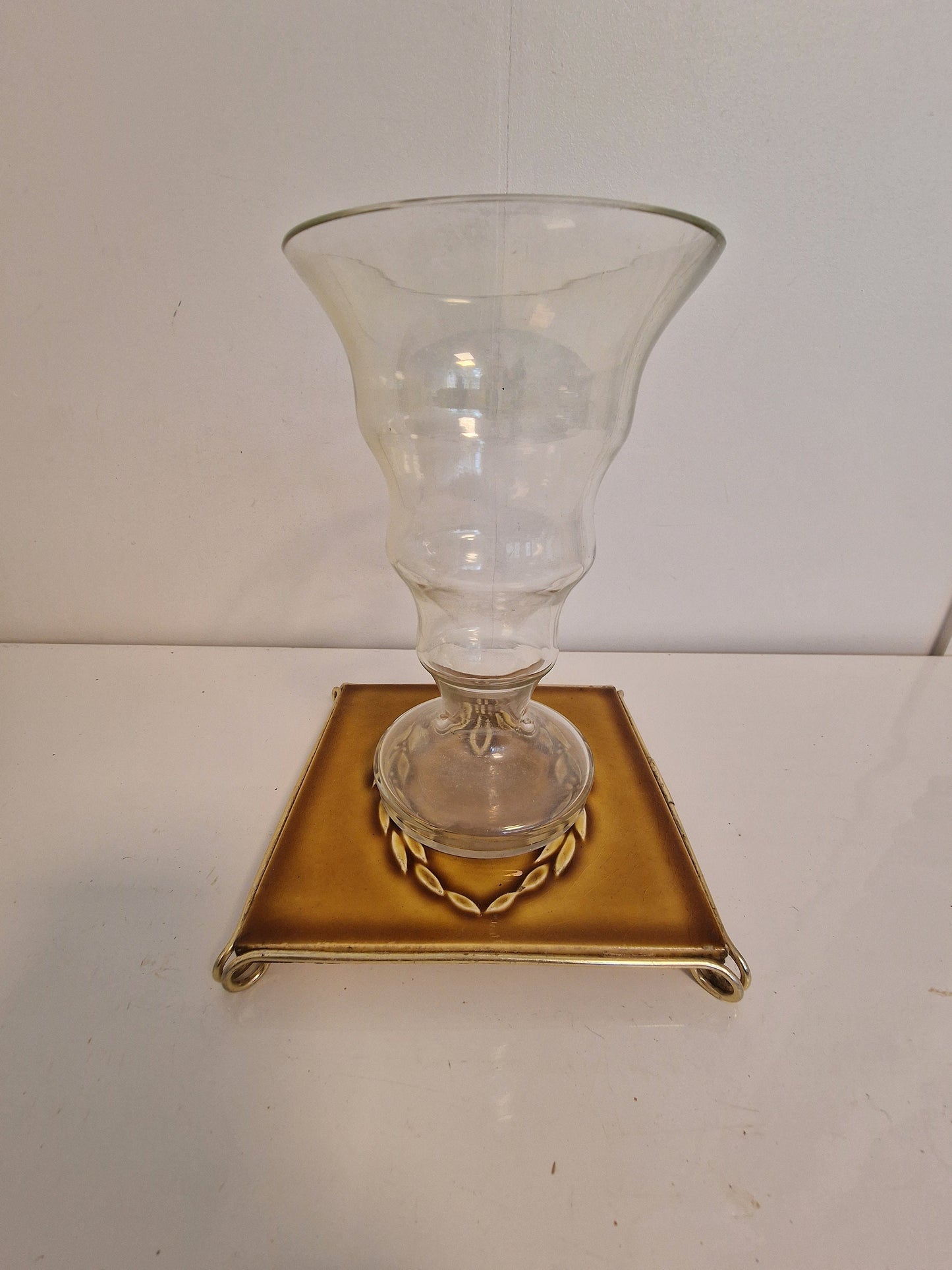 Art Nouveau Ceramic Tile Coaster, Brass Frame, UK Arts Crafts