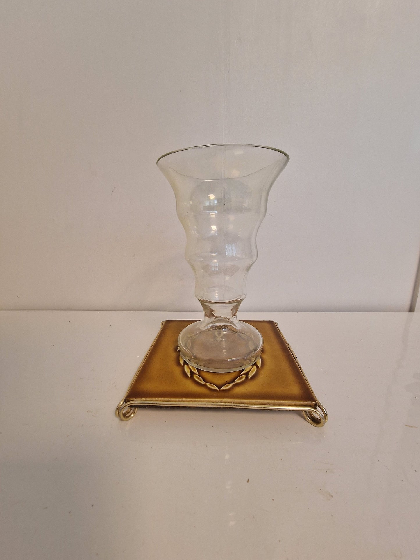 Art Nouveau Ceramic Tile Coaster, Brass Frame, UK Arts Crafts