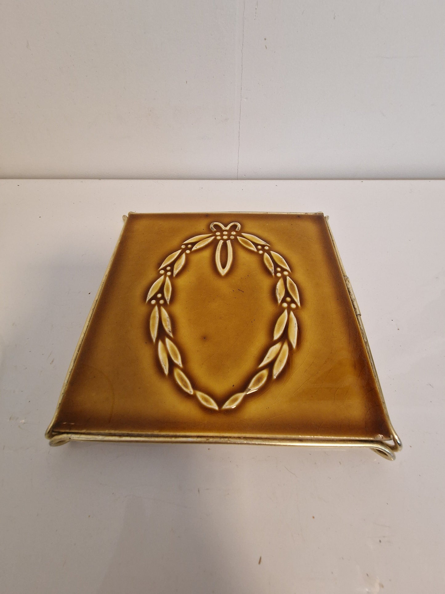Art Nouveau Ceramic Tile Coaster, Brass Frame, UK Arts Crafts