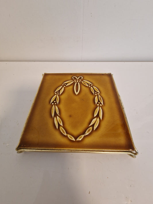 Art Nouveau Ceramic Tile Coaster, Brass Frame, UK Arts Crafts