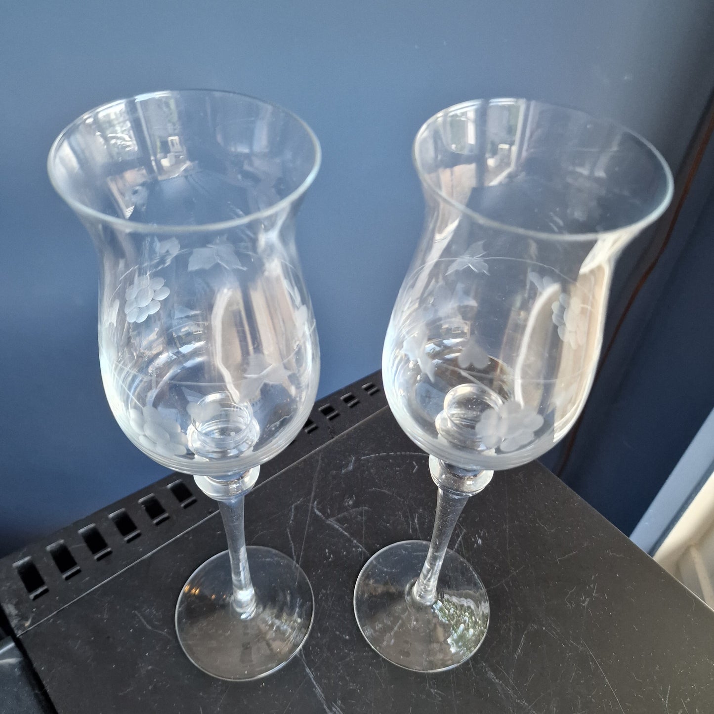 Laura Ashley Etched Crystal Candle Holders, Vintage Elegant Tulip Lanterns