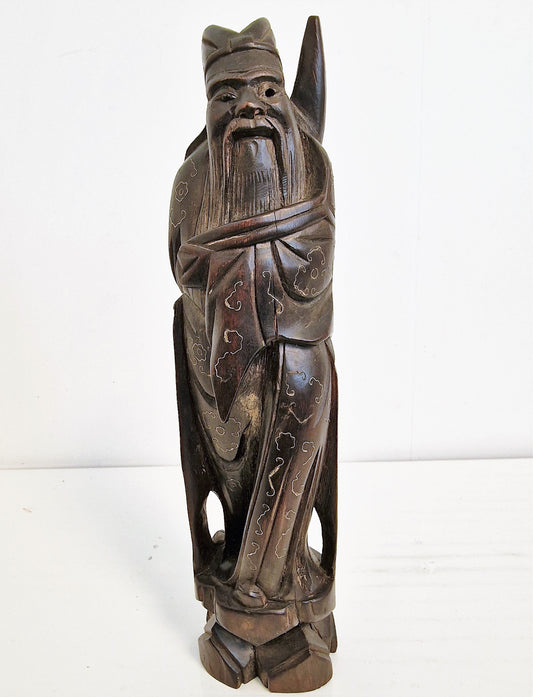 Antique Rosewood Wise Man Figure – Chinese Niello Inlay, Early 20th Century