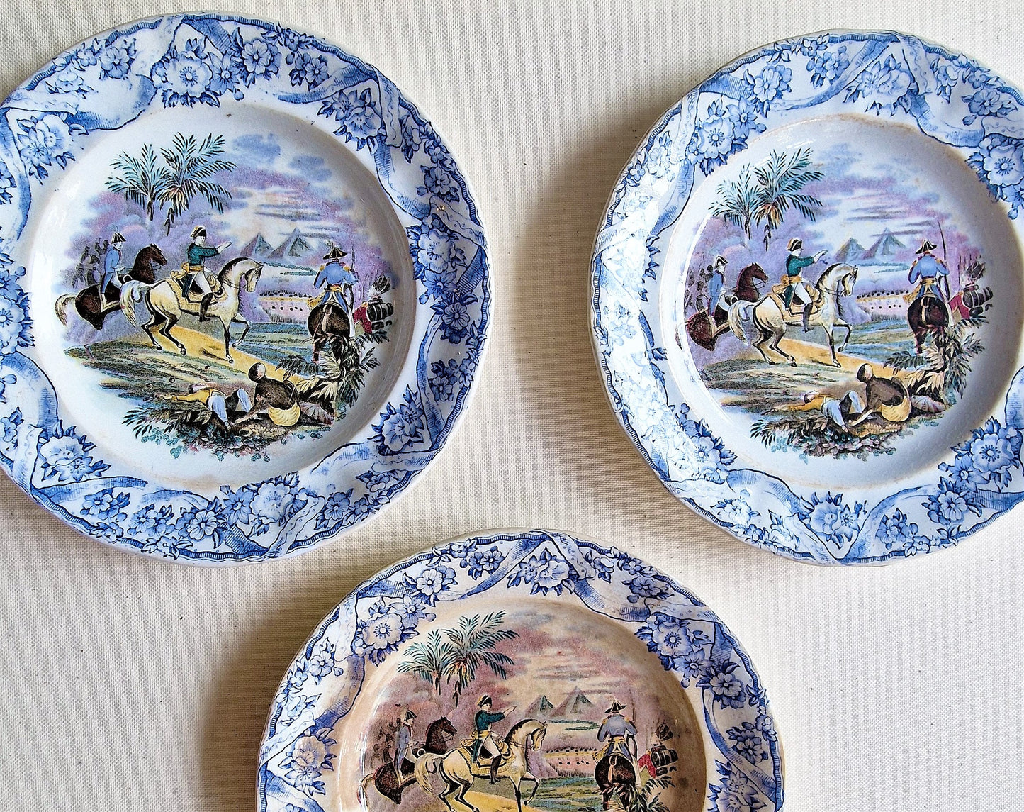 Antique Napoleon Petrus Regout Transferware Plates, Battlefield Scene