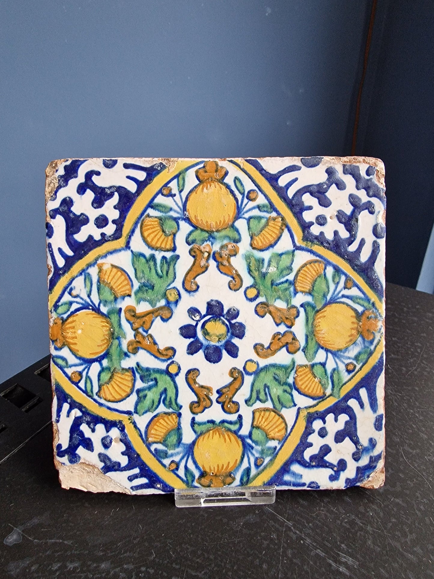 Antique Dutch Tile – 17th Century Pompadour Ornament, Polychrome Majolica