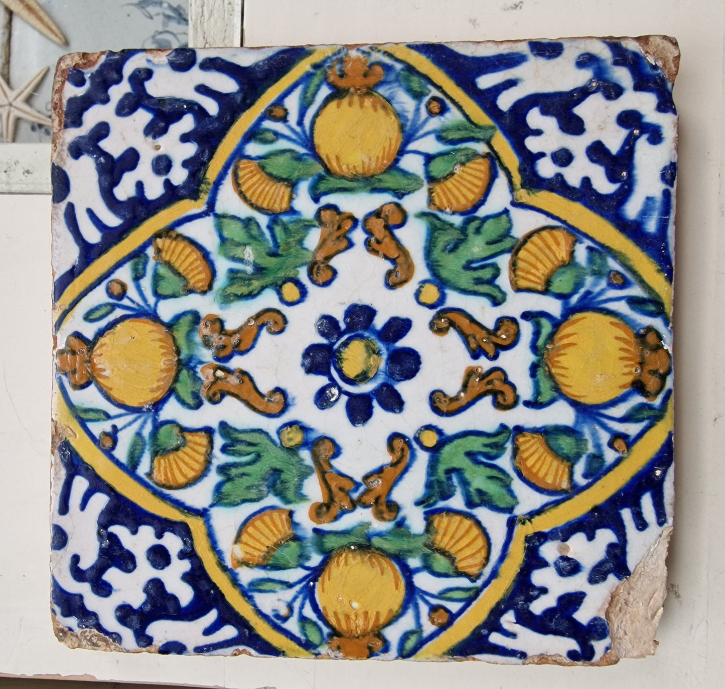 Antique Dutch Tile – 17th Century Pompadour Ornament, Polychrome Majolica