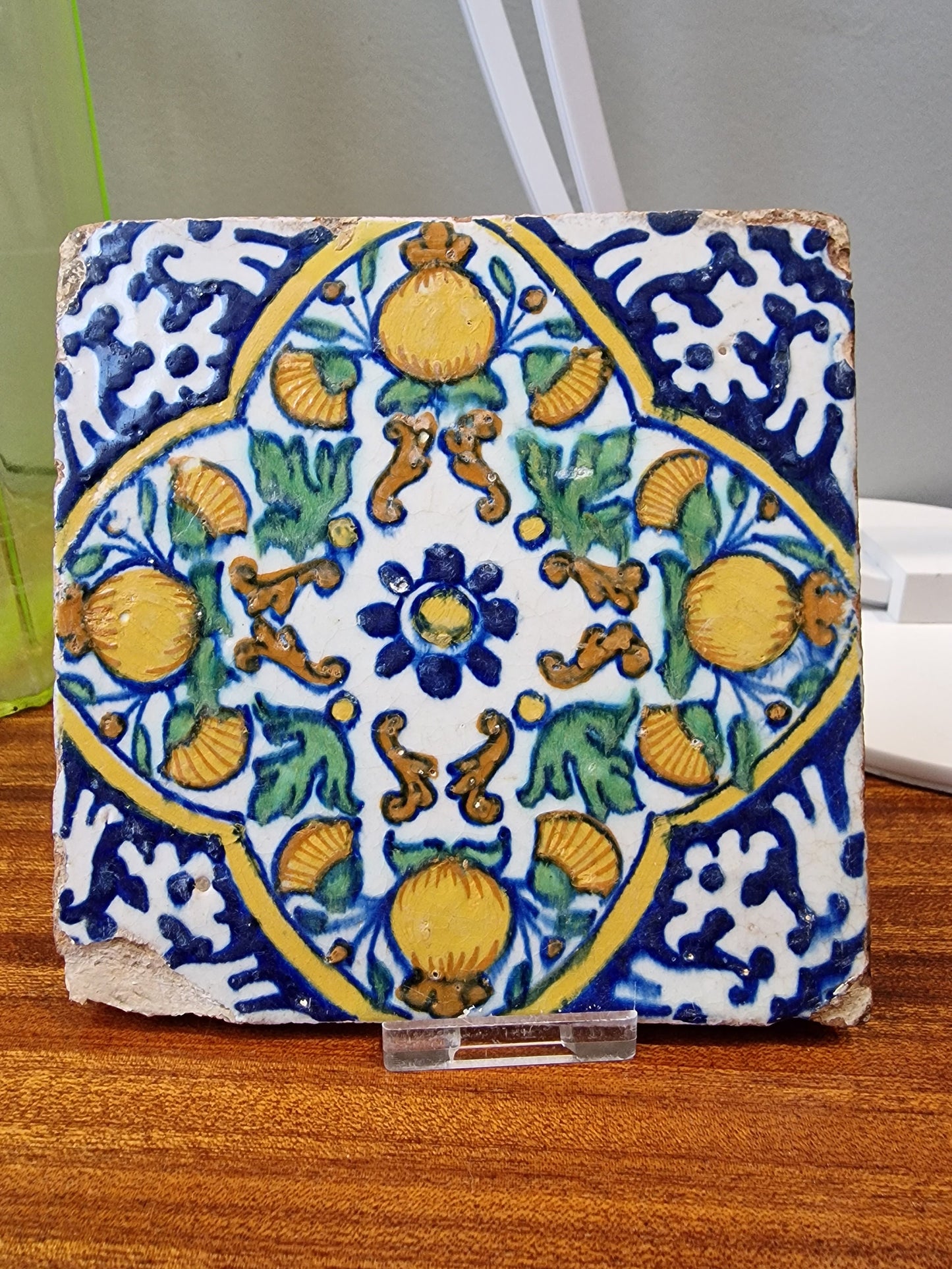 Antique Dutch Tile – 17th Century Pompadour Ornament, Polychrome Majolica