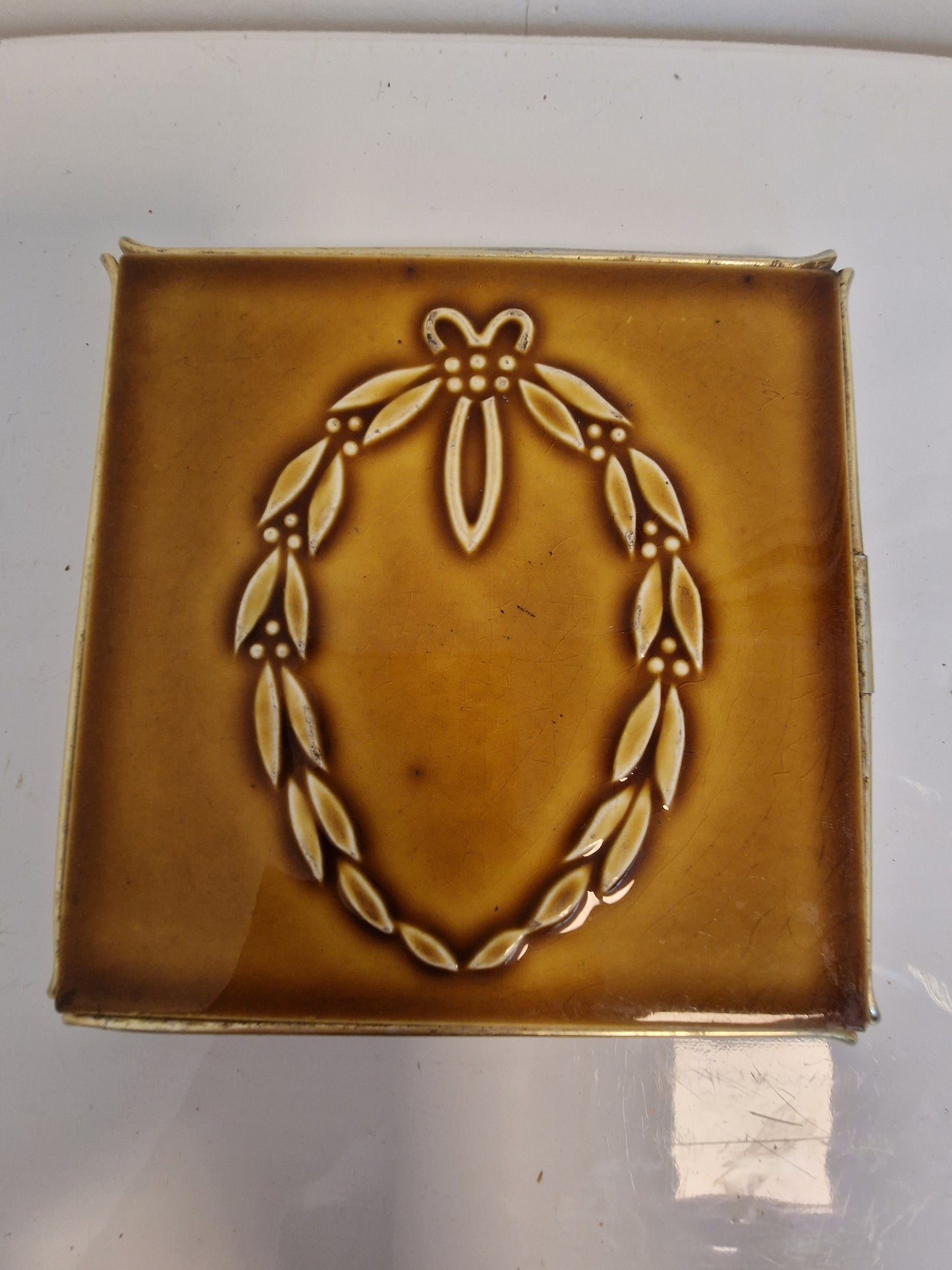 Art Nouveau Ceramic Tile Coaster, Brass Frame, UK Arts Crafts