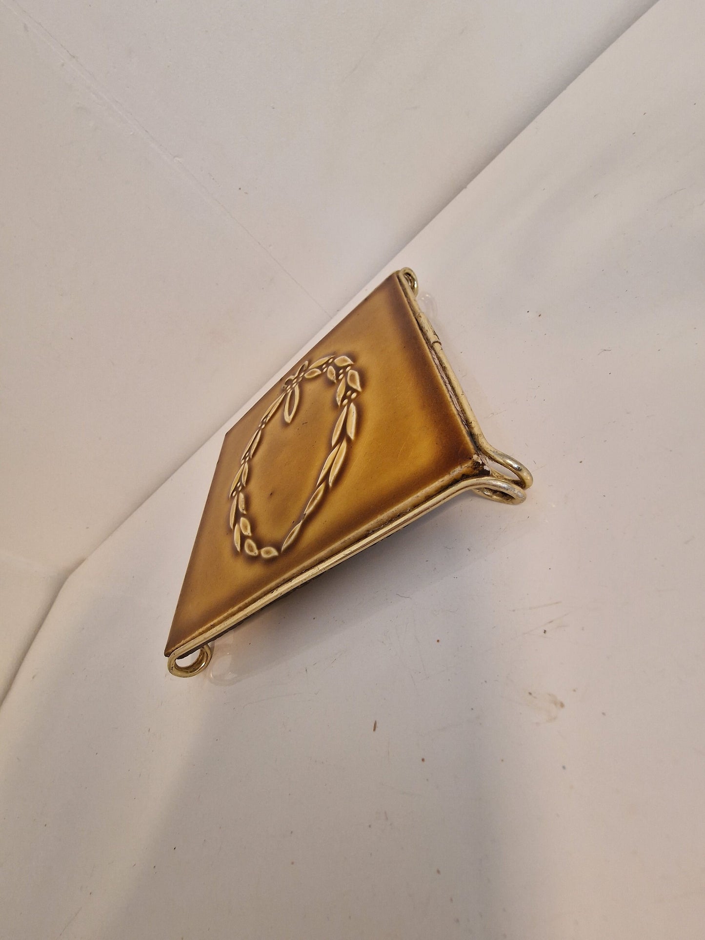 Art Nouveau Ceramic Tile Coaster, Brass Frame, UK Arts Crafts