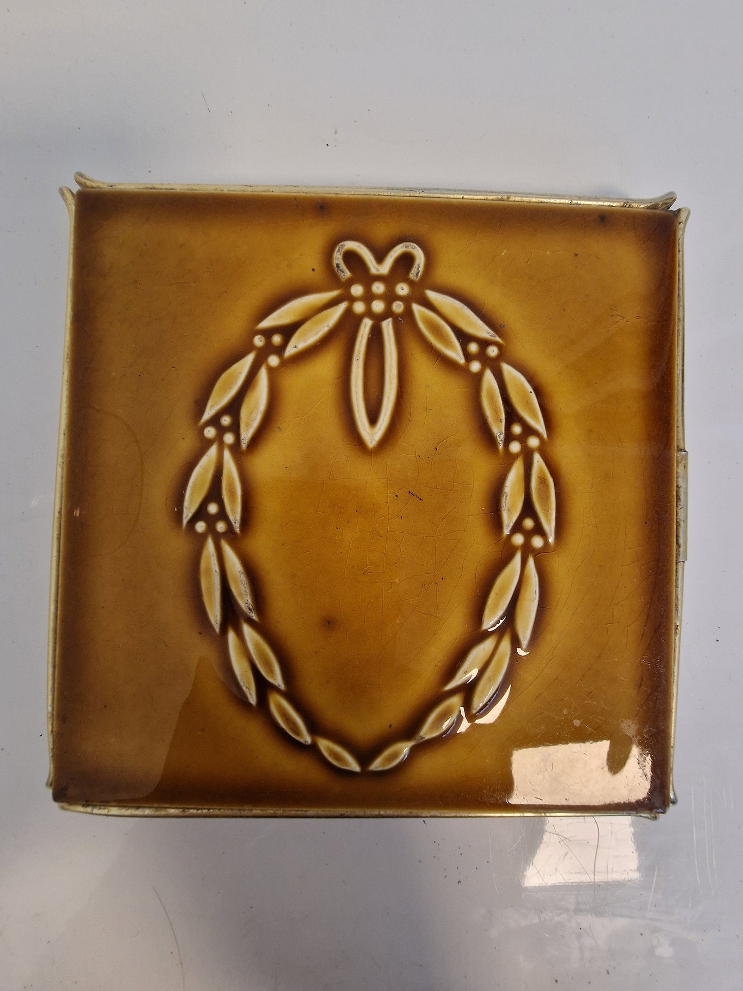 Art Nouveau Ceramic Tile Coaster, Brass Frame, UK Arts Crafts