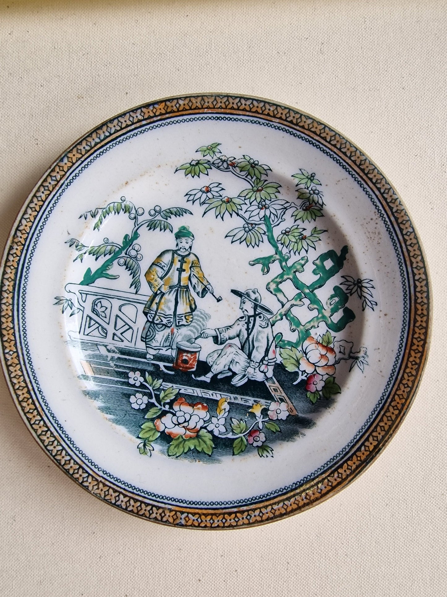 Antique Tunstall Peking Plates, H.K. Bord Plate, 1880-1900