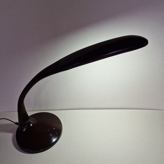 fraaie vintage design lamp  seventies flexibele bruine bureaulamp plastic met hout structuur optiek