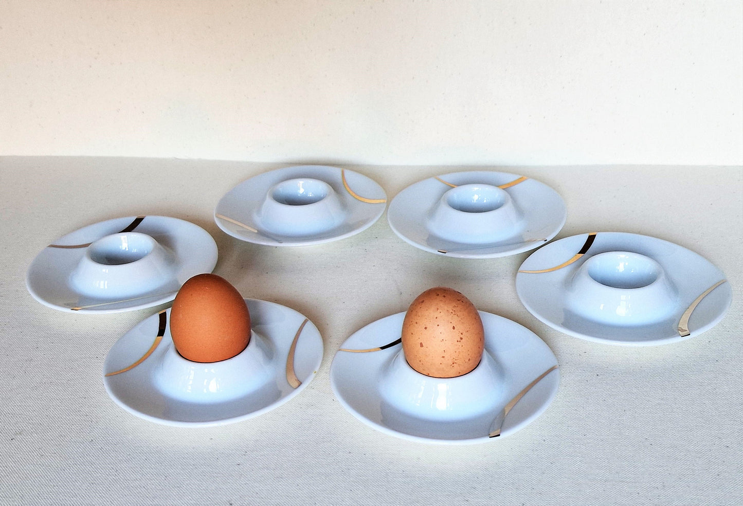 Vintage Ernest Shuman Porcelain Egg Cups, Silver & Gold Line, Set of 6